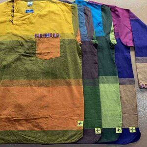 Cotton Bhutani Trim Long-Sleeve Round Neck Tunic - Tri Color (Sky)